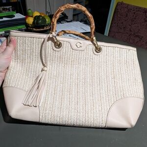 CWonder Cream Purse With Bamboo Handles 14.5Wx11.5Hx4D Stains As Shown